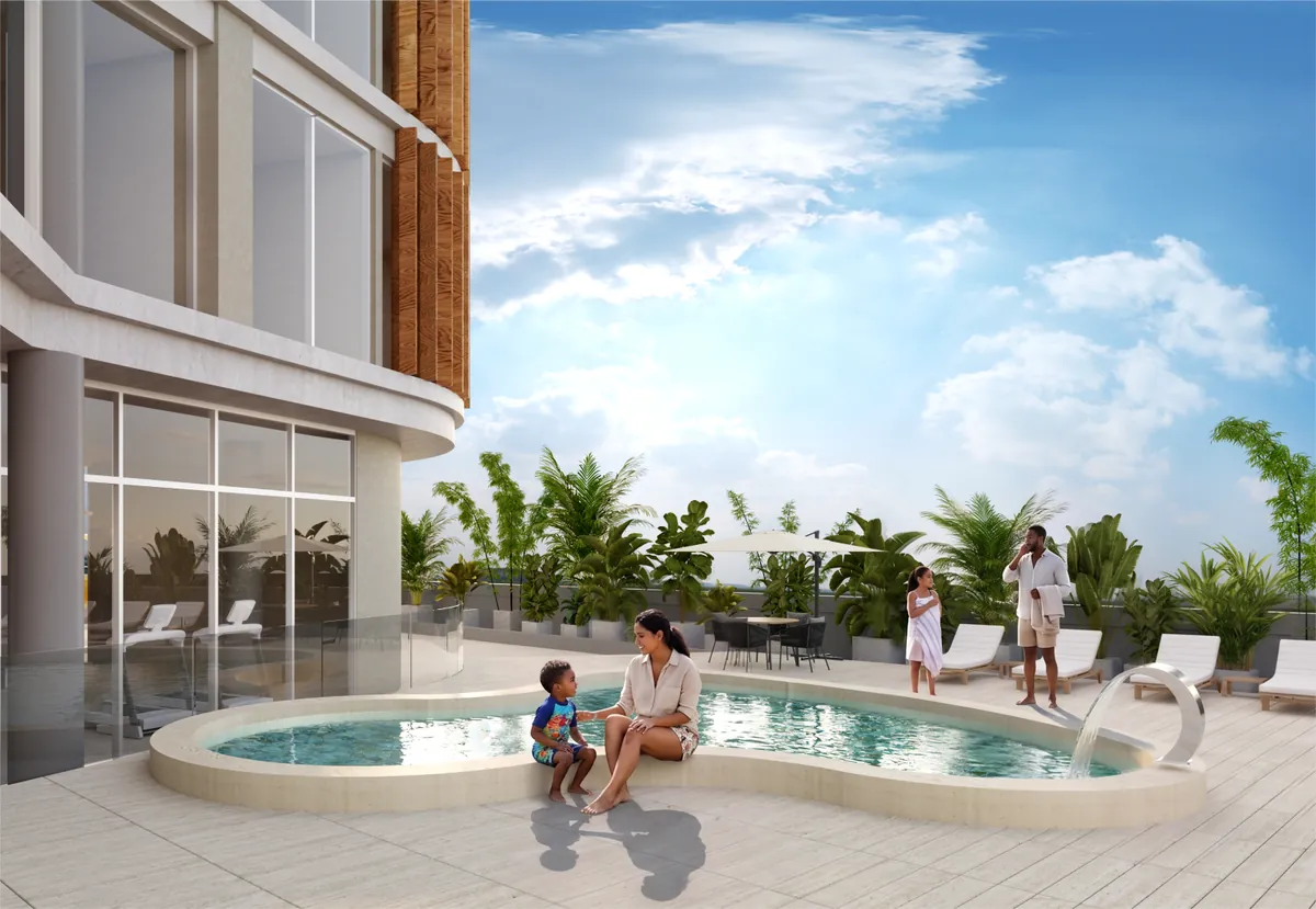 Zona social familiar de Duke Tower con piscina
