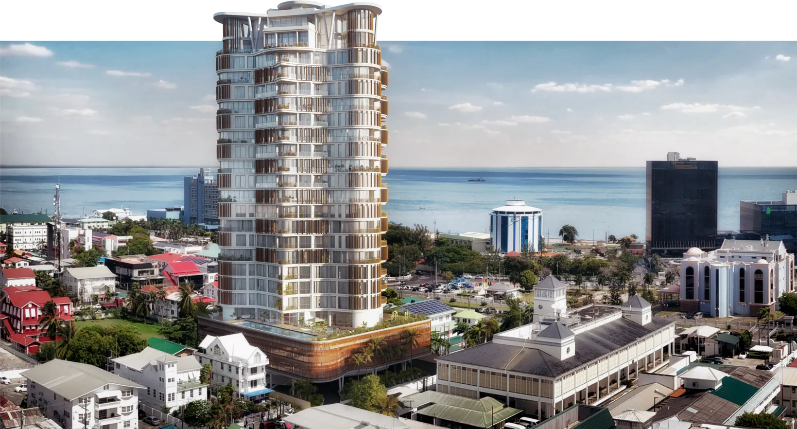 Render de Duke Tower elevándose sobre Kingston, Georgetown, con el Atlántico al fondo
