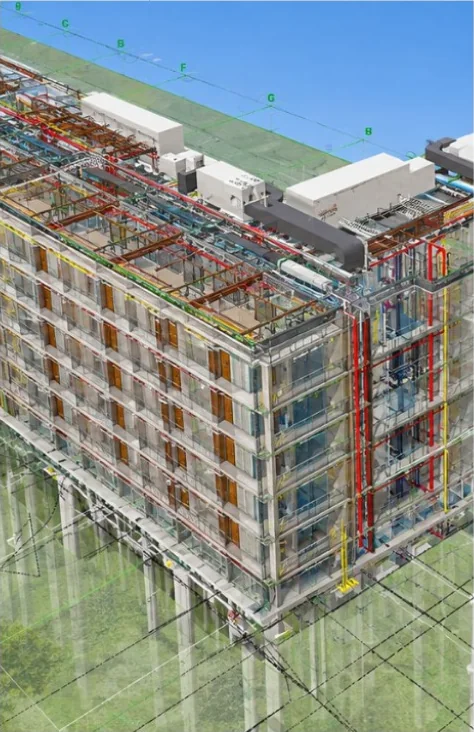 Modelo BIM del hotel con arquitectura, estructura y redes técnicas (MEP) coordinadas