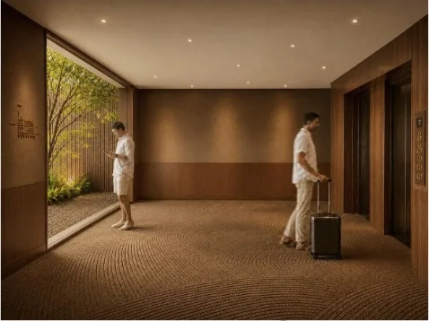 Lobby y hall de ascensores del hotel con huéspedes