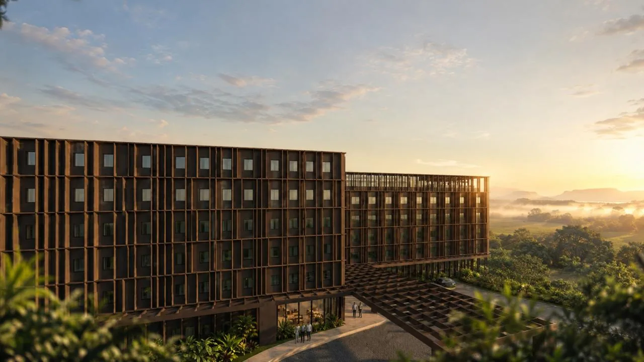 Render del hotel internacional de doble marca al atardecer, con su fachada en celosía de madera