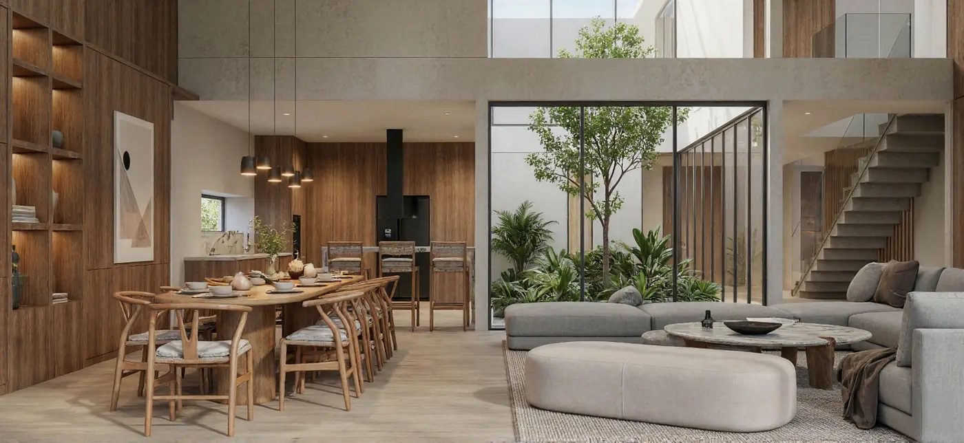 Interior de una vivienda de Lotus Gardens con comedor y sala a doble altura