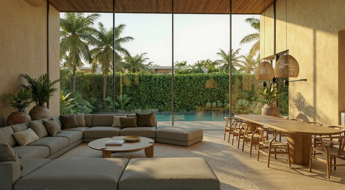 Sala de una vivienda de Lotus Gardens abierta al jardín y la piscina