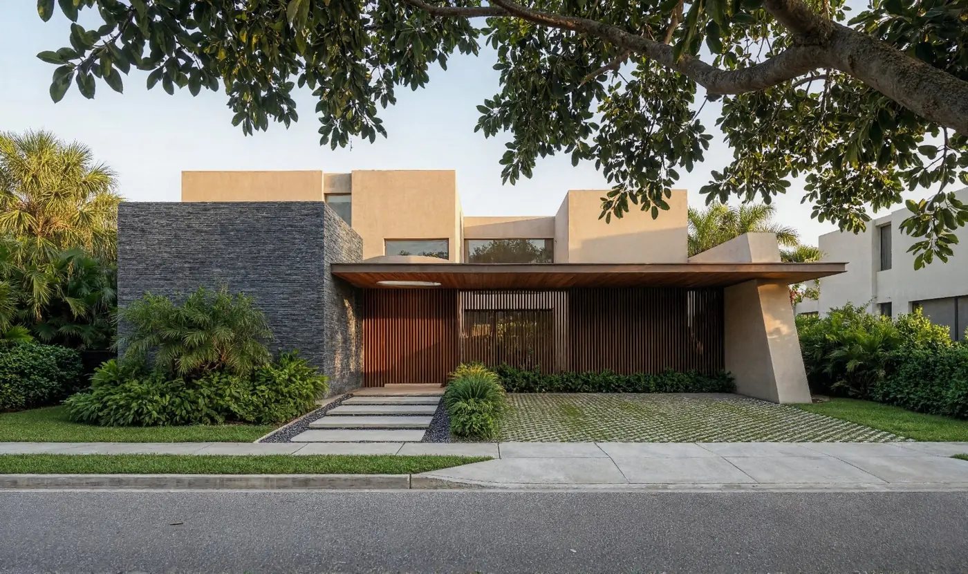 Render de una vivienda de Lotus Gardens en piedra, madera y pañete bajo la copa de un árbol